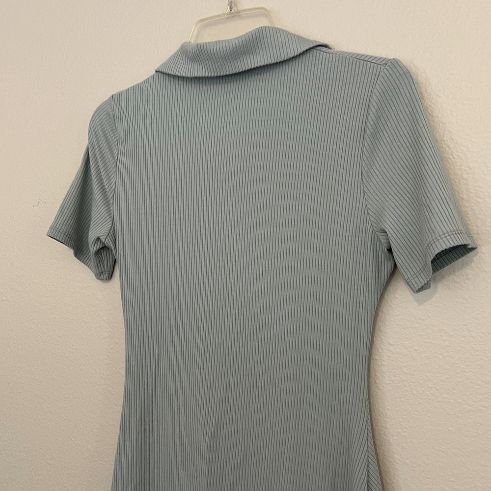 Reformation Dress Medium Lennon Ruched Button Up Ribbed Polo Collared Green Gray - Picture 4 of 6